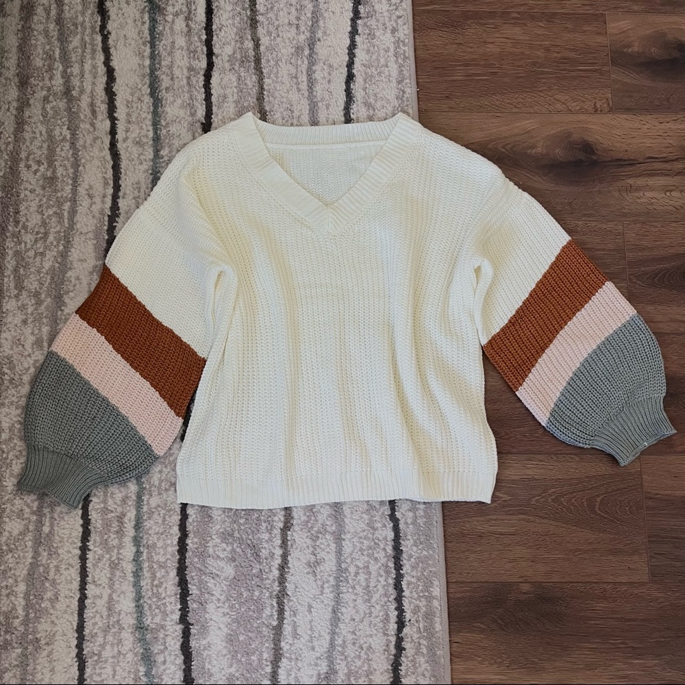 White, pink, gray and orange vneck sweater, small